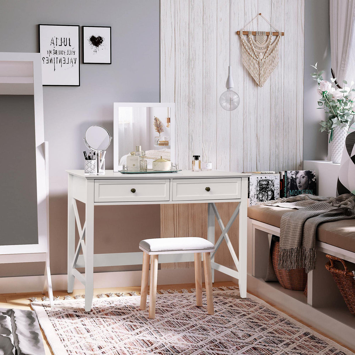 White Computer Desk with 2 Drawers, Modern Makeup Vanity Desk with Storage, Writing Desk for Home Office, 42'' Long Study Simple White Desk for Bedroom Console Table Living Room Lewahom