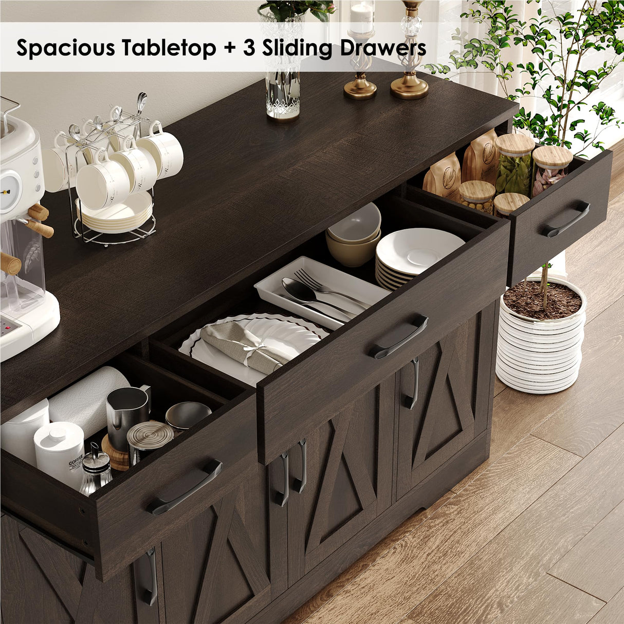 HOSTACK Buffet Cabinet with Drawers, 55" Large Sideboard Buffet Storage Cabinet with Shelves & 4 Doors, Modern Farmhouse Coffee Bar Cabinet Wood Buffet Table for Kitchen, Dining Room, Dark Brown HOSTACK