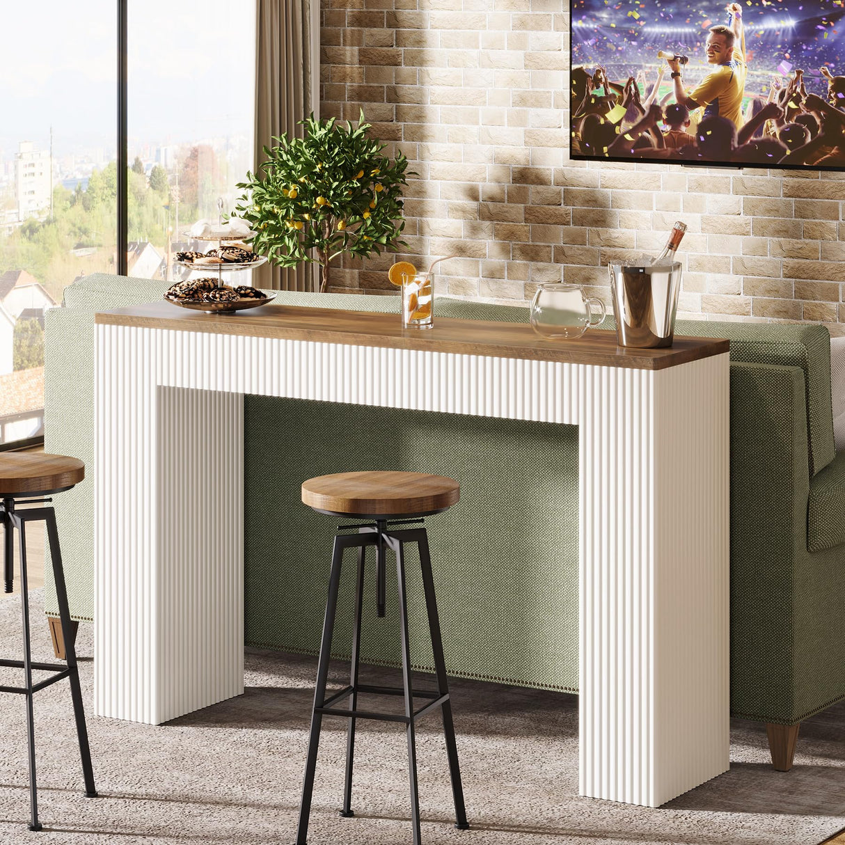 Tribesigns Bar Table, Narrow Bar Height Table with Long Wooden Tabletop, 63" Modern Tall Kitchen Bar Table with White Wave Legs for Pub, Dining Room, Balcony, Rustic Brown & White Tribesigns