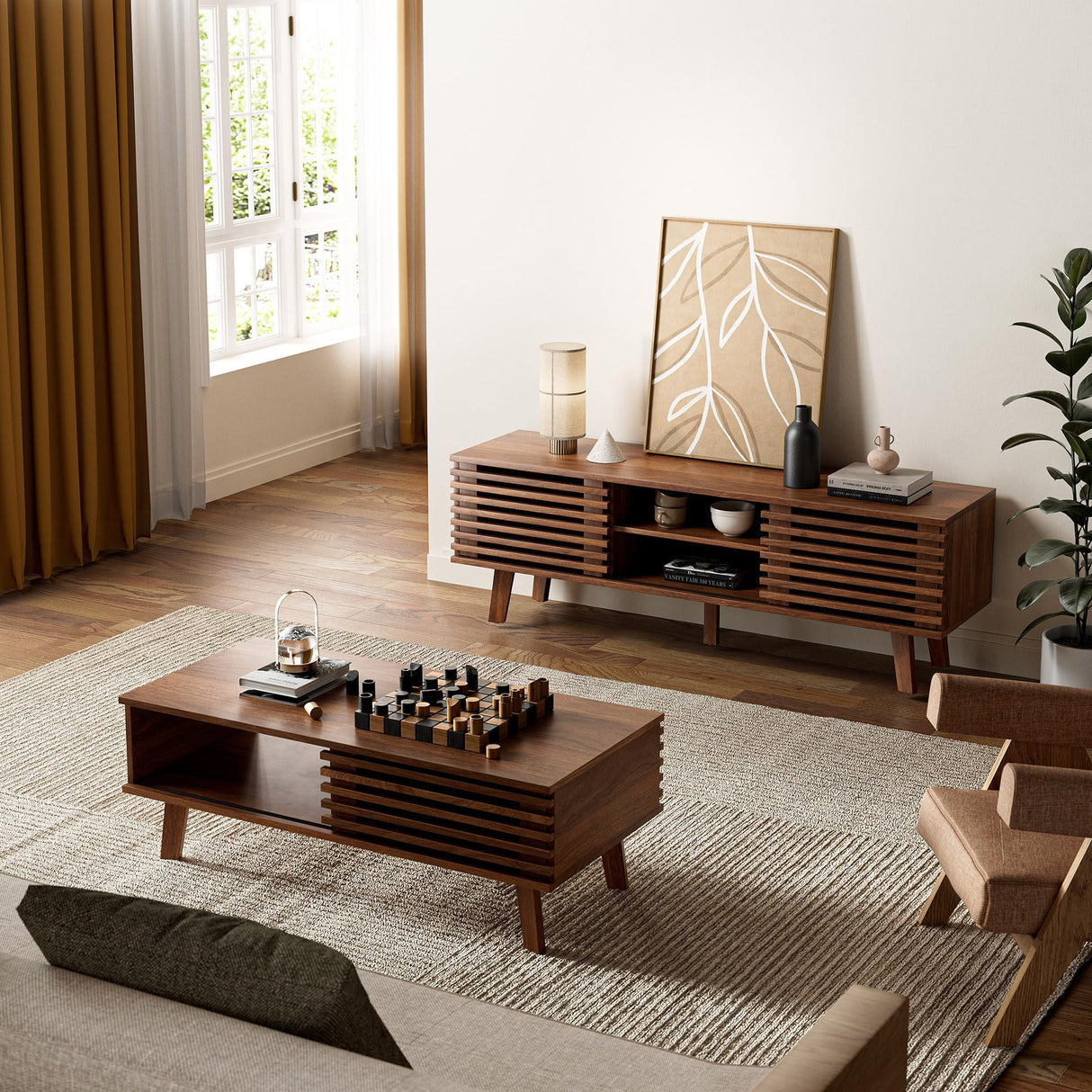 MAISONARIA Mid Century Coffee Table with Storage & Sliding Fence Door, Modern Coffee Tables for Living Room, Walnut Finish MAISONARIA