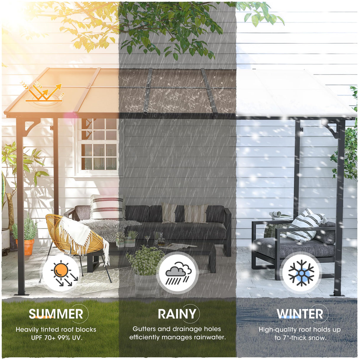 SUNCROWN 10'x10' Hardtop Gazebo, Wall-Mounted Gazebos Pergola, Outdoor Reclining Gazebos with Metal Frame, Lean to Gazebo Metal Awnings for Patio, Deck, Backyard, Porch, Lawns SUNCROWN