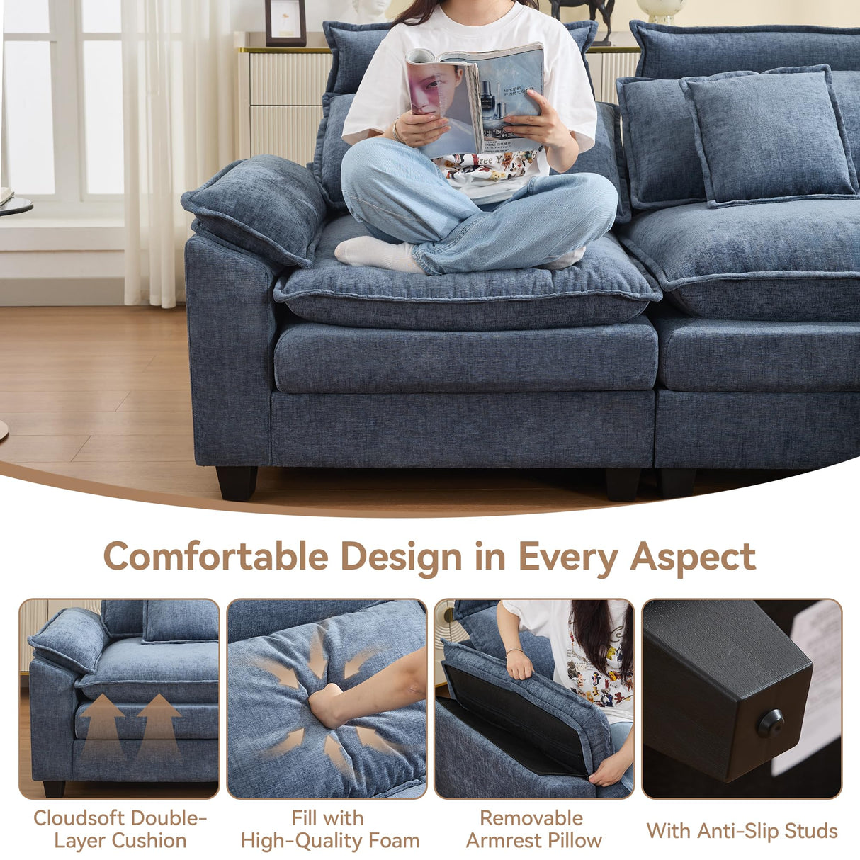 103'' Cloud Modern 3 Seater Couch with Detachable Headrest, Modular Sectional Sofa with Ottoman, Oversized L Shape Chenille Comfy Sofa with Armrests for Living Room, Blue Abbrevi