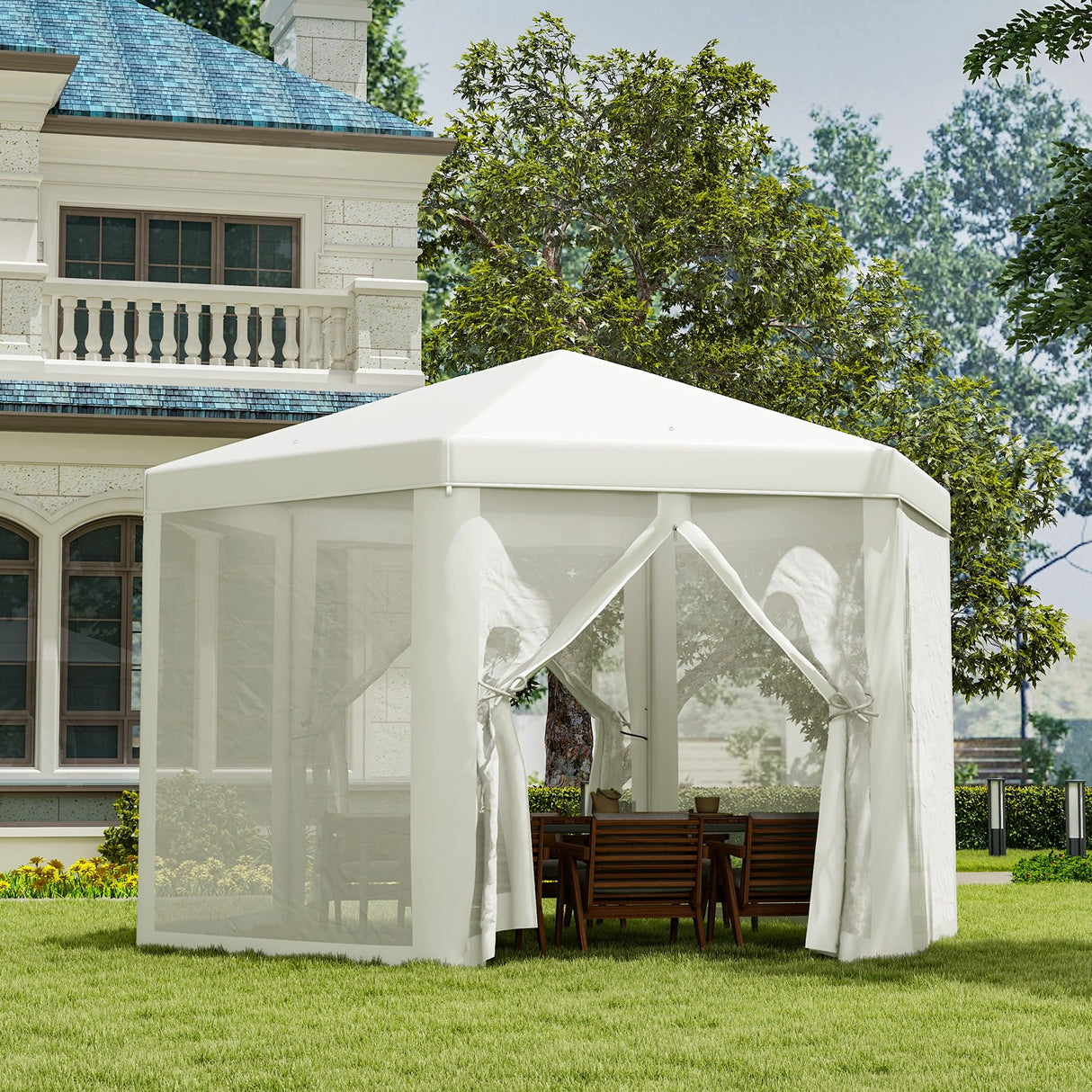 Outsunny 13' x 11' Canopy Tent, Sun Shelter with Protective Mesh Screen Walls, Hexagon Outdoor Tent for Parties, Cream White Outsunny