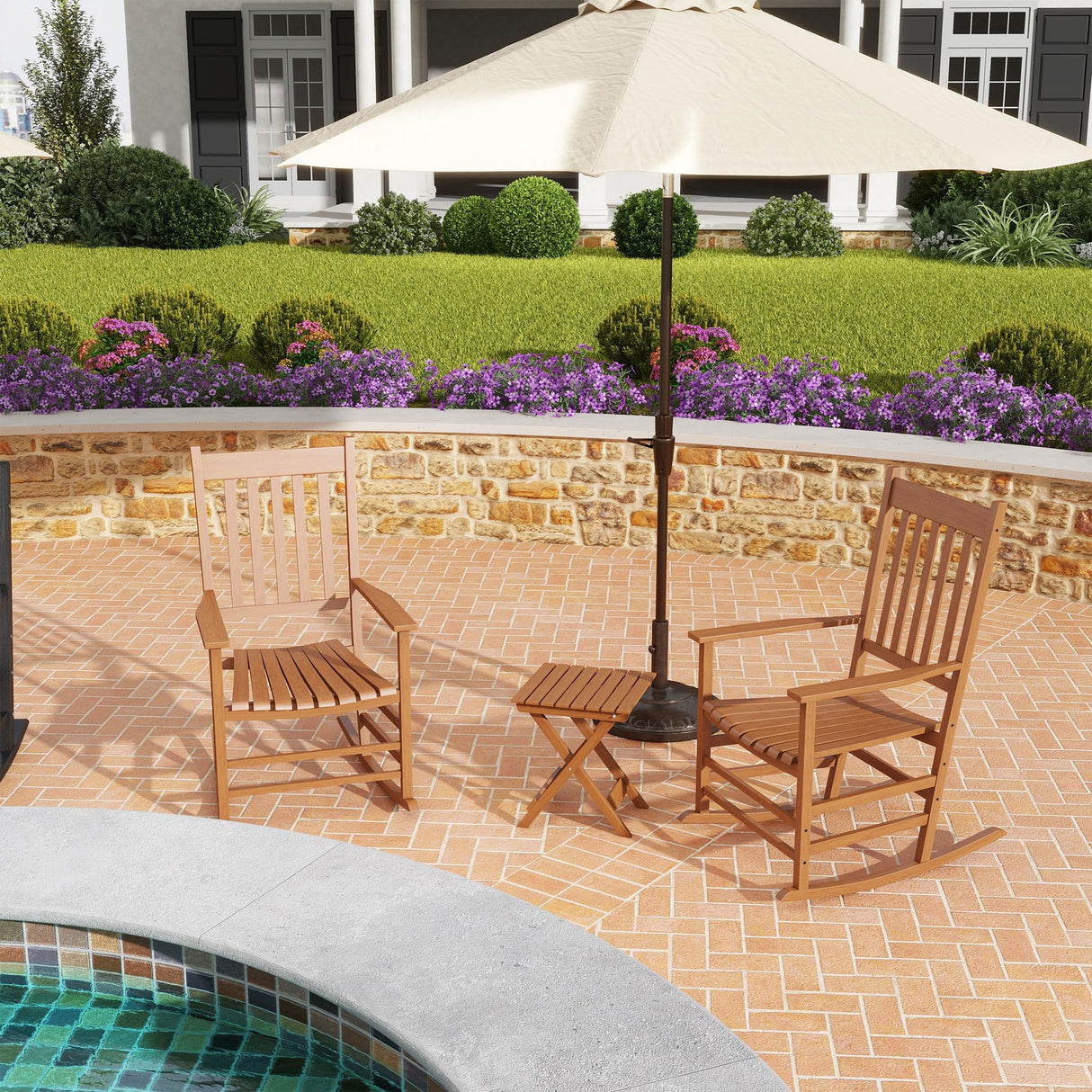 Outsunny Wooden Rocking Chair Set w/Foldable Side Table, Outdoor Rocker Chairs with Curved Armrests, High Back & Slatted Seat for Garden, Balcony, Porch, Supports Up to 352 lbs., Teak Outsunny