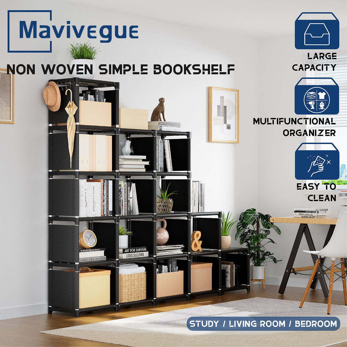 Mavivegue 18-Cube Extra Large Storage Organizer - Versatile Black Bookshelf for Home and Office Mavivegue