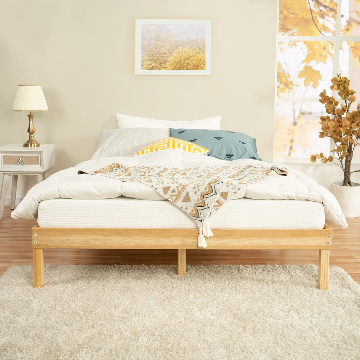 Naomi Home 14 Inch Natural Solid Wood Queen Platform Bed Frame with Silent Slats and Under-Bed Storage Naomi Home