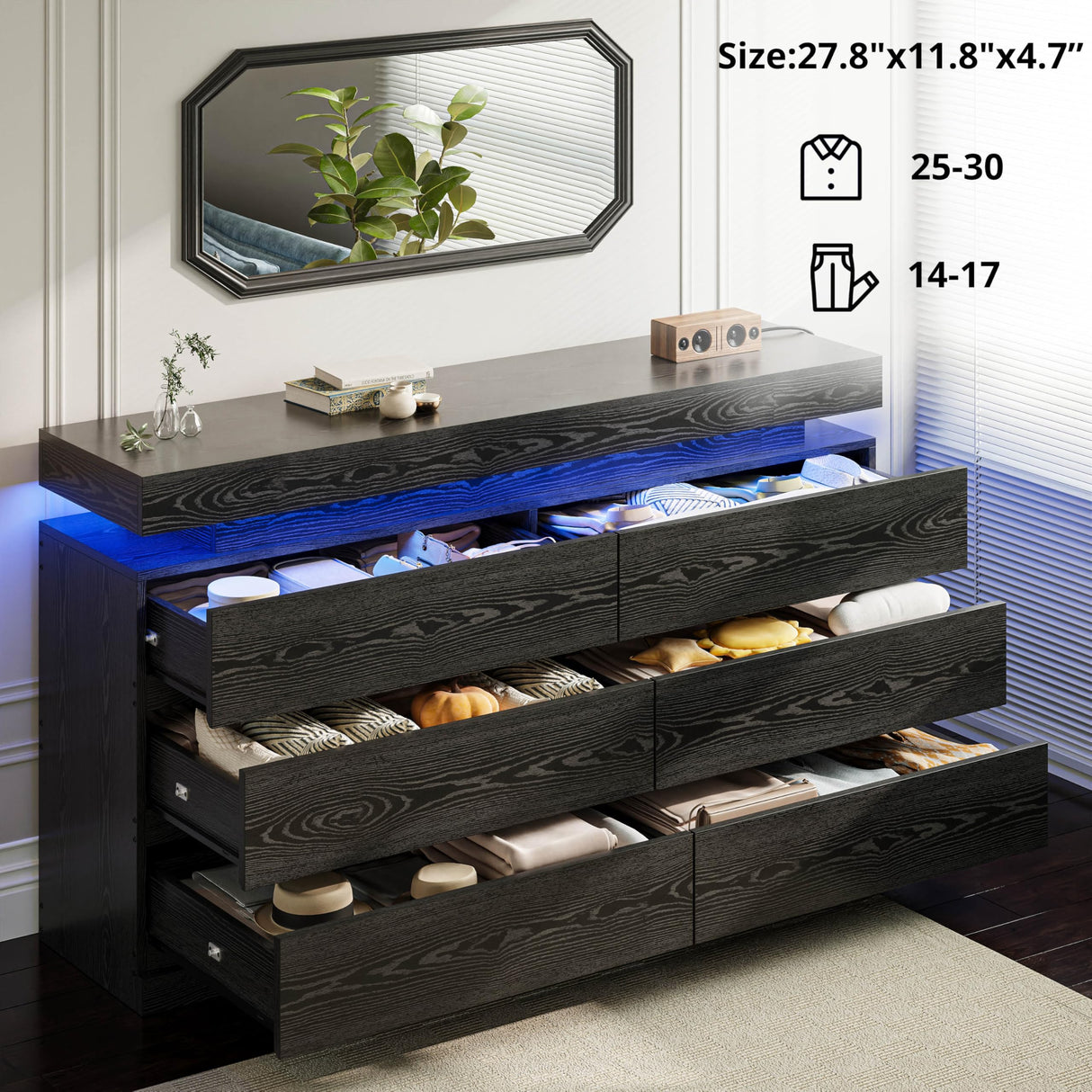 LIKIMIO 59" 6 Drawers Dresser for Bedroom, with LED & Power Strip, Large Wood Dressers & Chest of Drawers, Wide Storage Cabinet, Black LIKIMIO