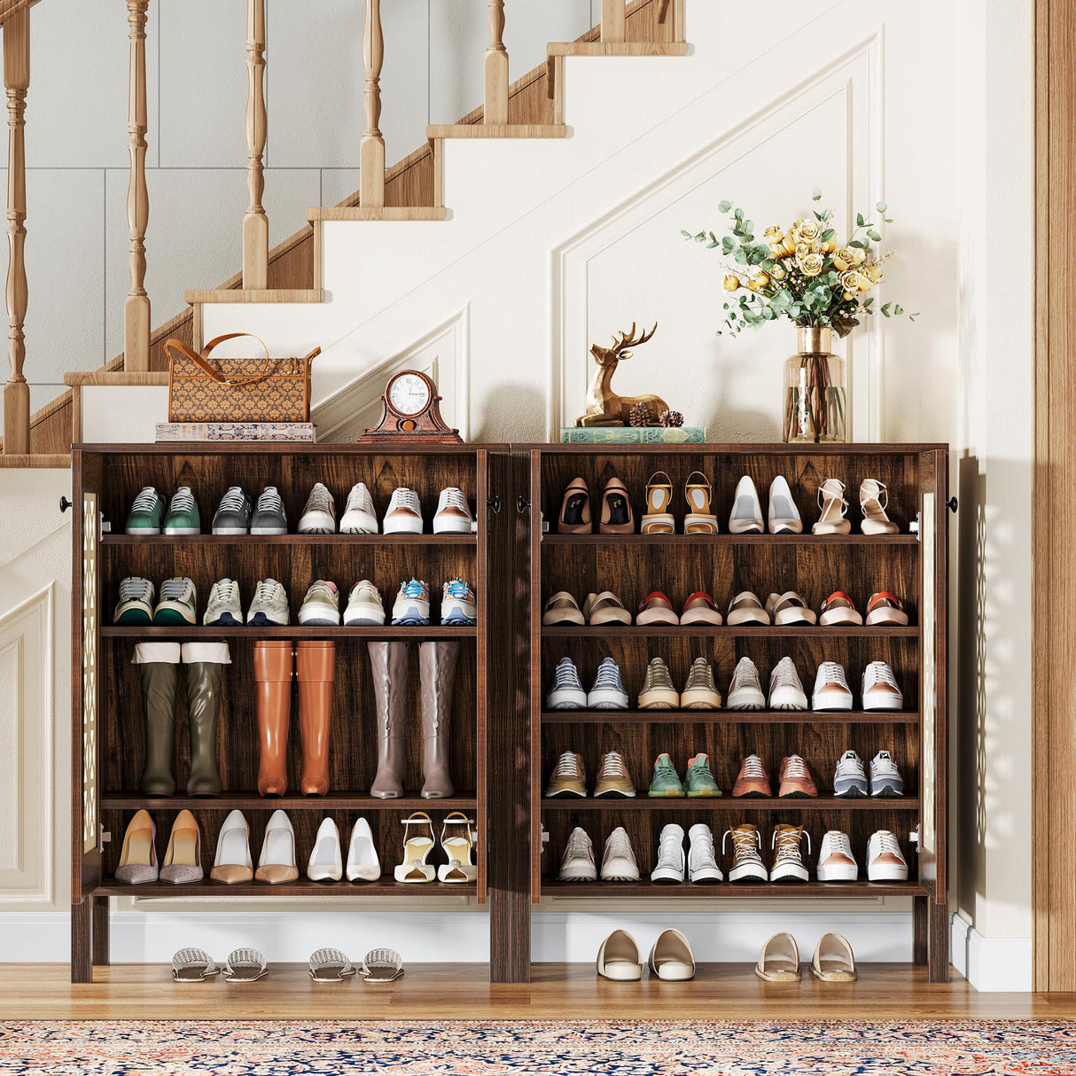 Tribesigns 5-Tier Shoe Cabinet with Doors, 25 Pairs Farmhouse Shoe Organizer, All-Wood Freestanding Shoe Storage Cabinet with Adjustable Shelves for Entryway, Hallway, Living Room, Brown & Beige Tribesigns