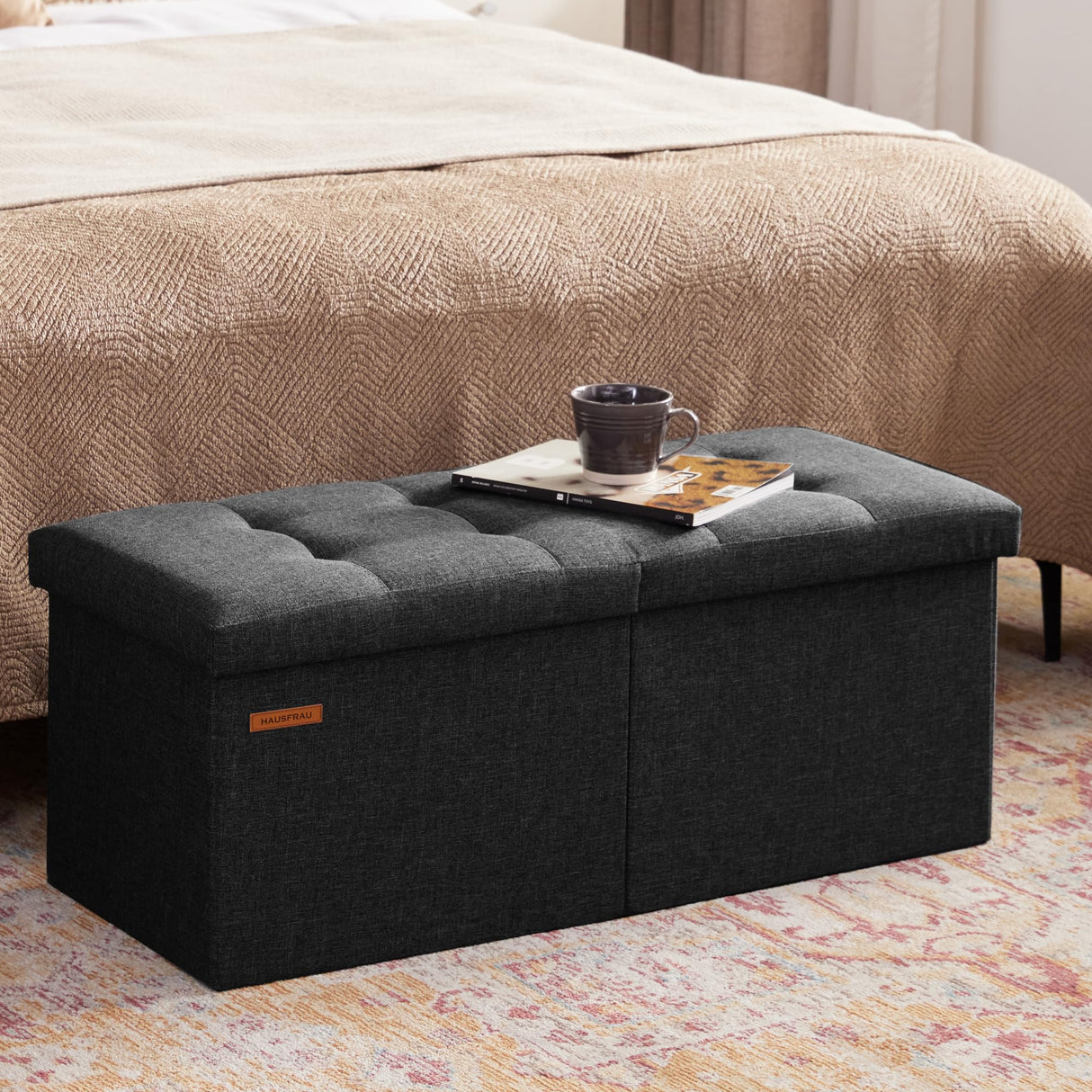 HAUSFRAU 31.5 Inches Ottoman with Storage, Folding Ottoman Bench Small Foot Rest Stool, Bedroom Bench with Flipping Lid, Linen Black HAUSFRAU