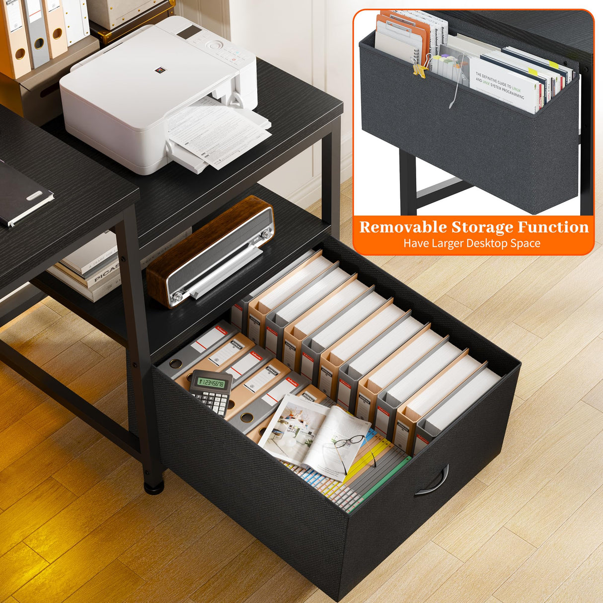 EnHomme 56.5" Computer Desk with Power Outlets,Home Office Desk with Fabric File Cabinet,Study Writing Gaming Desk with Monitor Shelf,Work Table with Printer Space,Black EnHomee