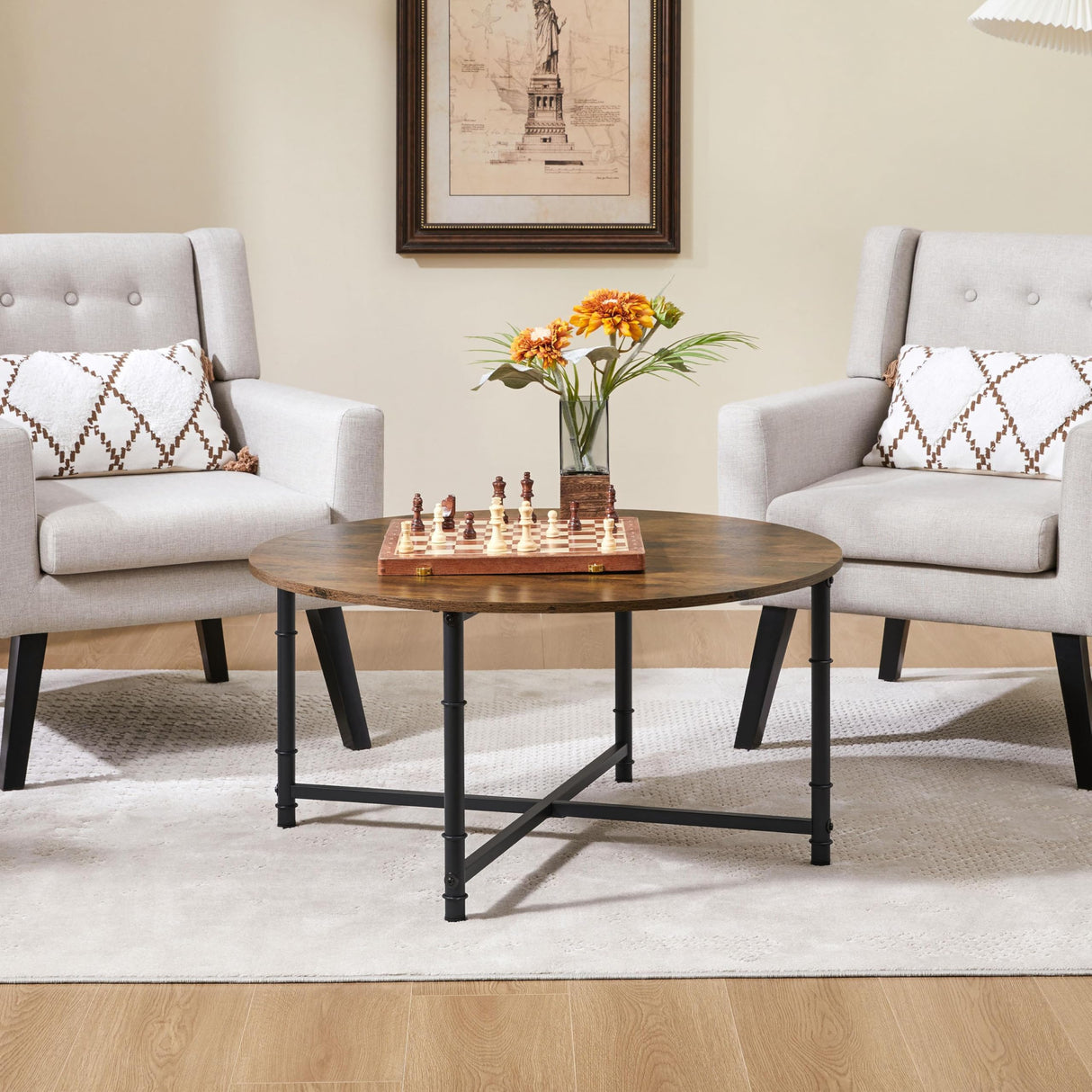 Yaheetech Round Coffee Table, Small Coffee Table for Living Room, Rustic Wood Circle Modern Center Table with Sturdy Metal Legs, Easy to Assemble, 35.5 x 18 Inches Yaheetech