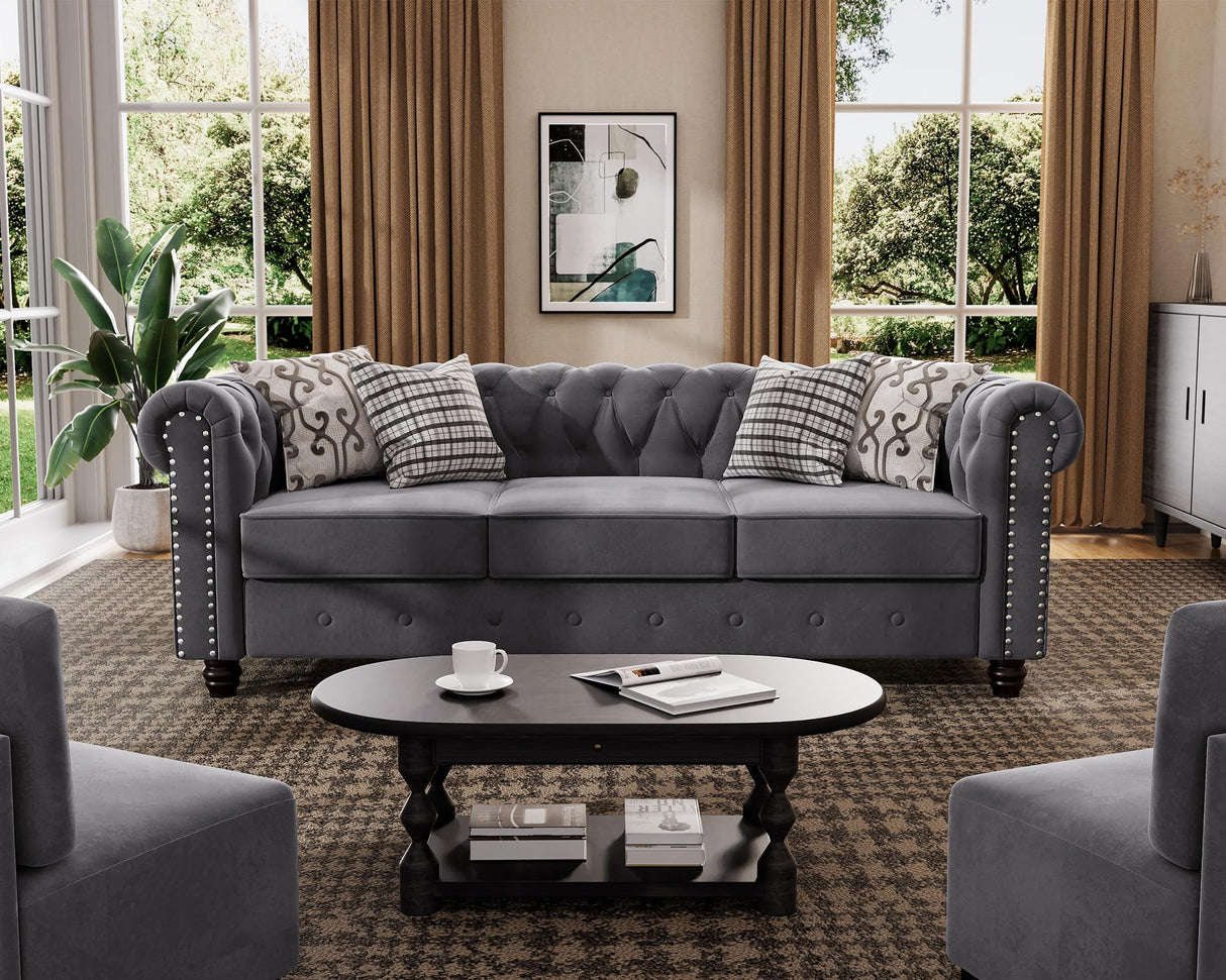Morden Fort Classic Chesterfield Sofa Set 82'', Tufted Sofa Couch Set with Solid Wood Legs Thick Cushion, Pet-Friendly 3-Seater Sofas Couches for Living Room Bedroom Apartment - Velvet Grey Morden Fort