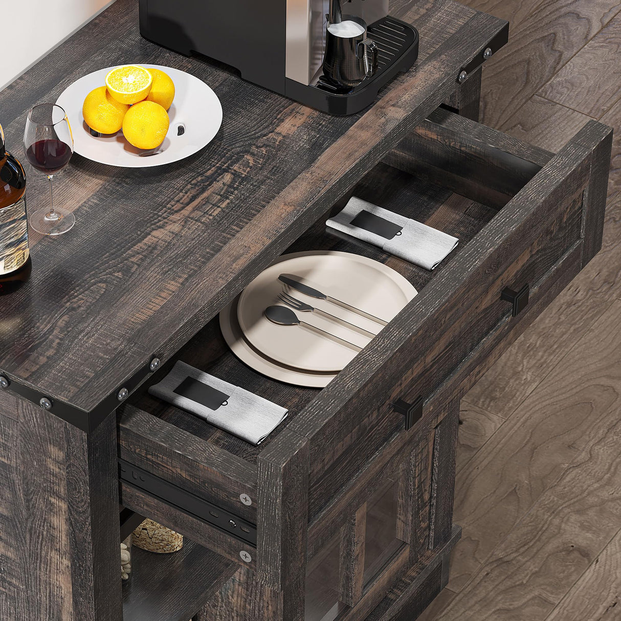 YITAHOME 32" Sideboard Coffee Bar Cabinet, Farmhouse Buffet Cabinet with Drawer & Adjustable Storage Shelves, Storage Cabinet with Sliding Barn Door for Living Room, Dark Rustic Oak YITAHOME