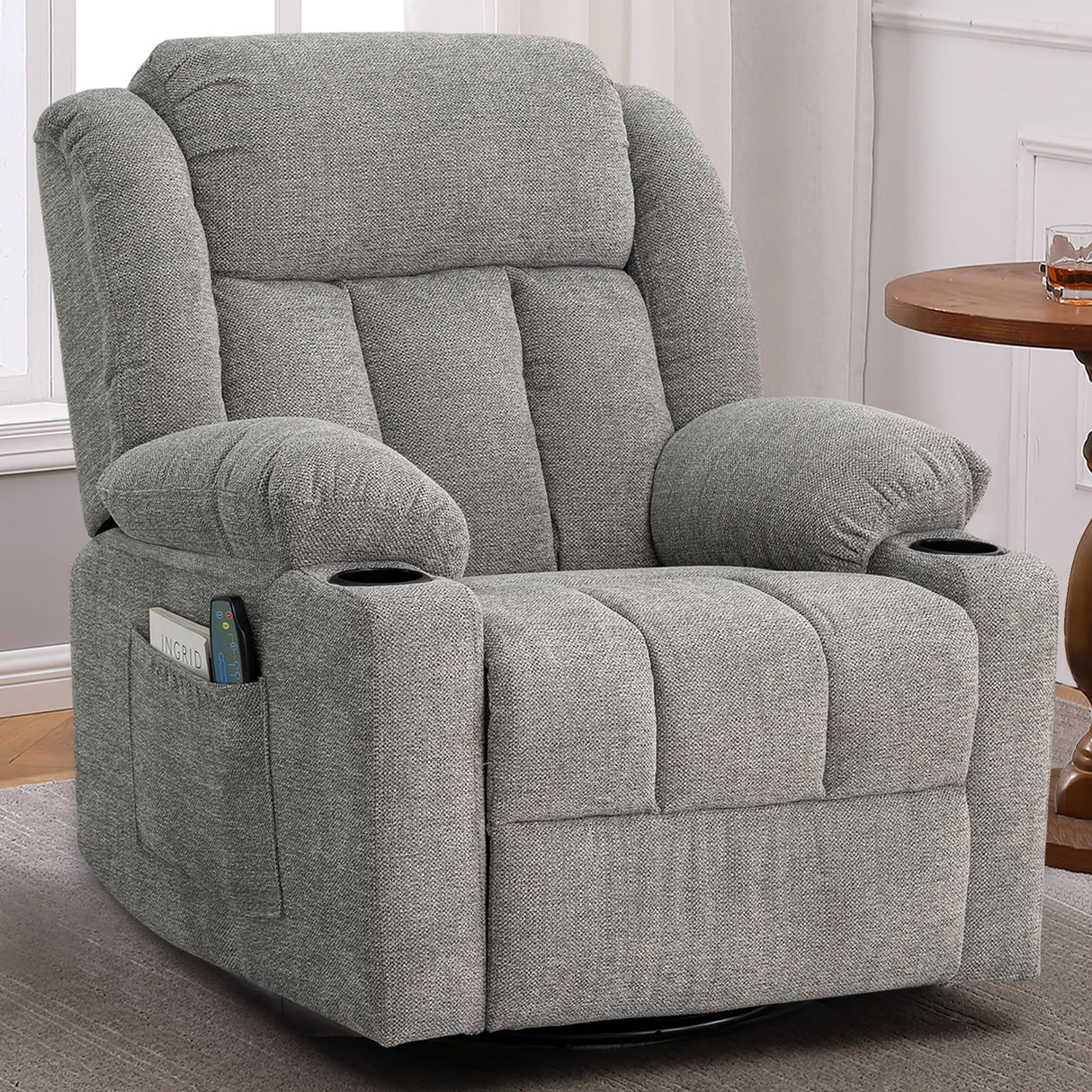 Ketaiyou Rocker Swivel Recliner Chair for Adults, Overstuffed Large Manual Recliner Glider with Massage and Heat, Comfy Soft Fabric Living Room Reclining Sofa Chair(Lime Gray) Ketaiyou