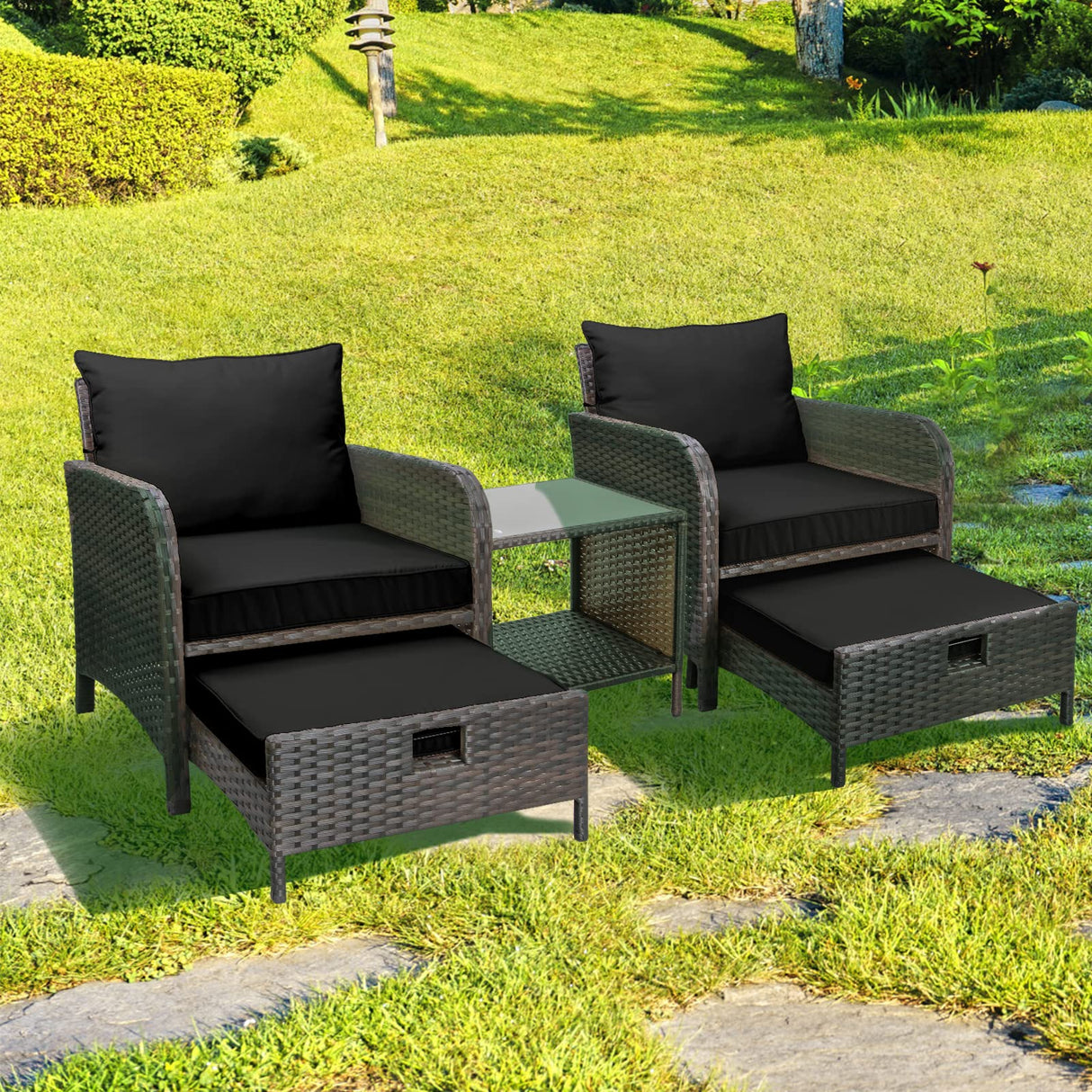 LEVELEVE Balcony Furniture 5 Piece Patio Conversation Set, PE Wicker Rattan Outdoor Lounge Chairs with Soft Cushions 2 Ottoman&Glass Table for Porch, Lawn-Brown Wicker LEVELEVE