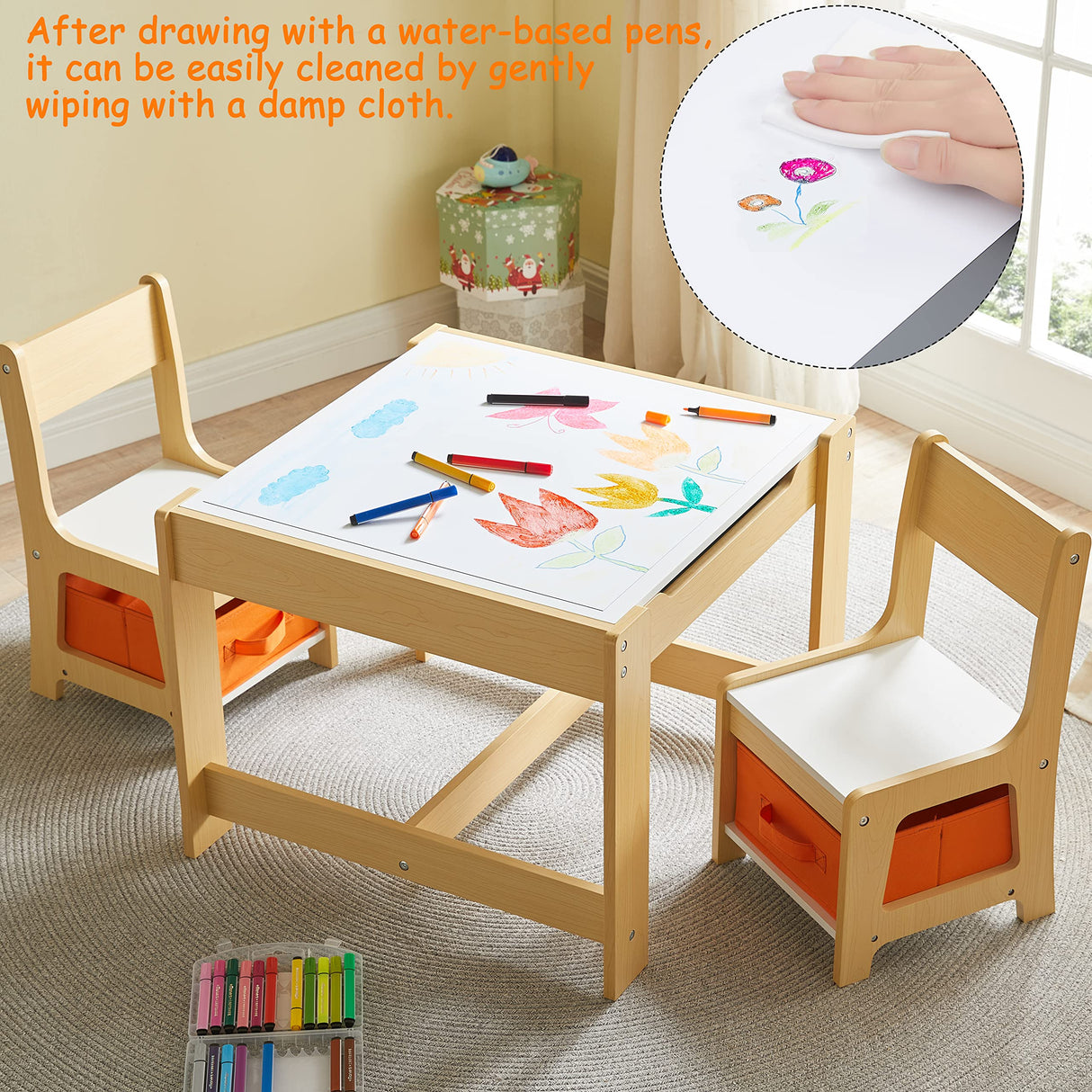 Kids Table and Chair Set, 3 in 1 Wooden Activity Table with Storage Drawer for Toddlers Drawing, Reading, Crafts, Play, 2 in 1 Detachable Tabletop GTOLV