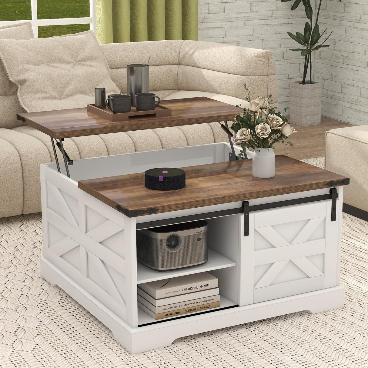 TaoHFE Lift Top Coffee Table with Storage,Rustic White Farmhouse Coffee Table, Square Storage Compartment and Adjustable Shelves Coffee Tables for Living Room (Oak White) TaoHFE