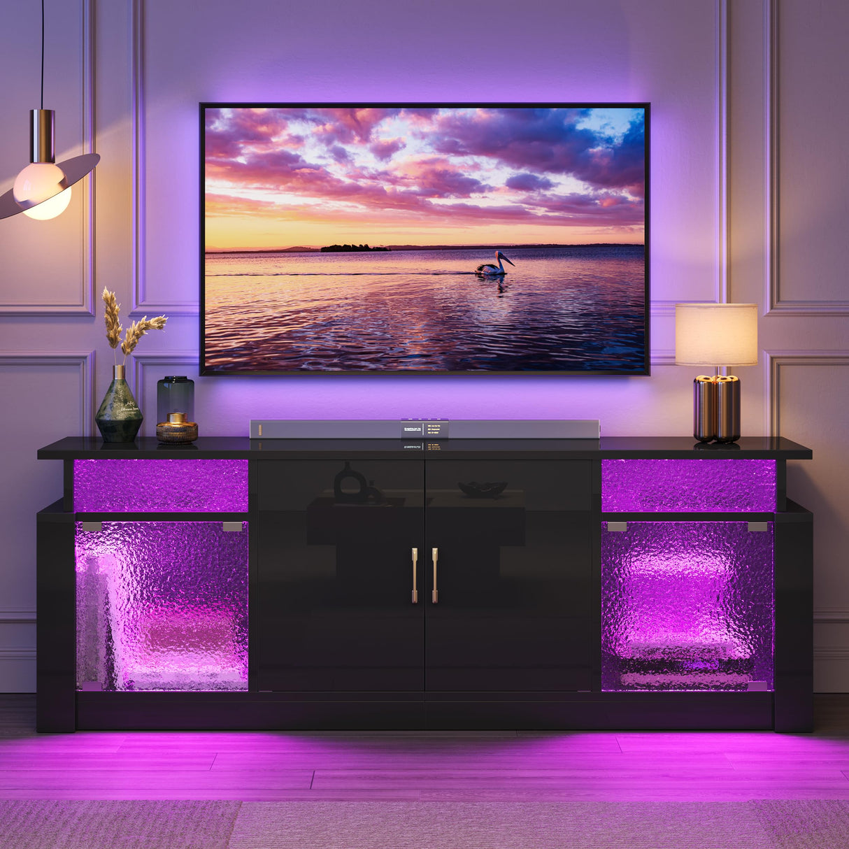 Bestier TV Stand for 55 65 inch TV, LED Entertainment Center with Storage Cabinets & Adjustable Shelves, Modern TV Console with Acrylic Door, TV Stands for Living Room Bedroom (Glossy Black) Bestier
