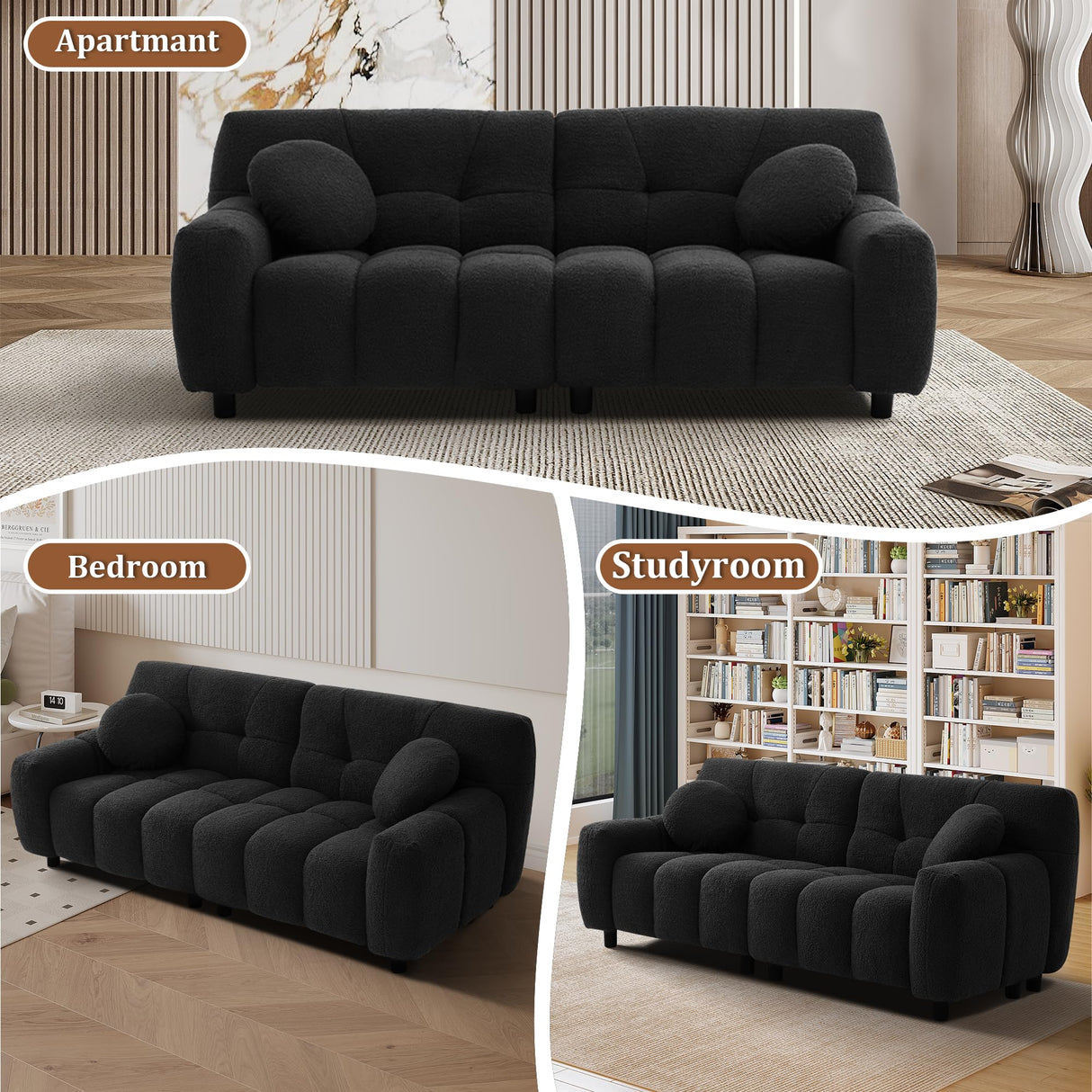 72.8" Boucle Cloud Sofa Couch with 2 Soft Pillows,Comfy Upholstered Teddy 2 Seater LoveSeat Sofa,Modern Deep Seat Sherpa Cloud Couch, Oversized Love Seat for Living Room Bedroom Apartment,Black DAMAIFROM