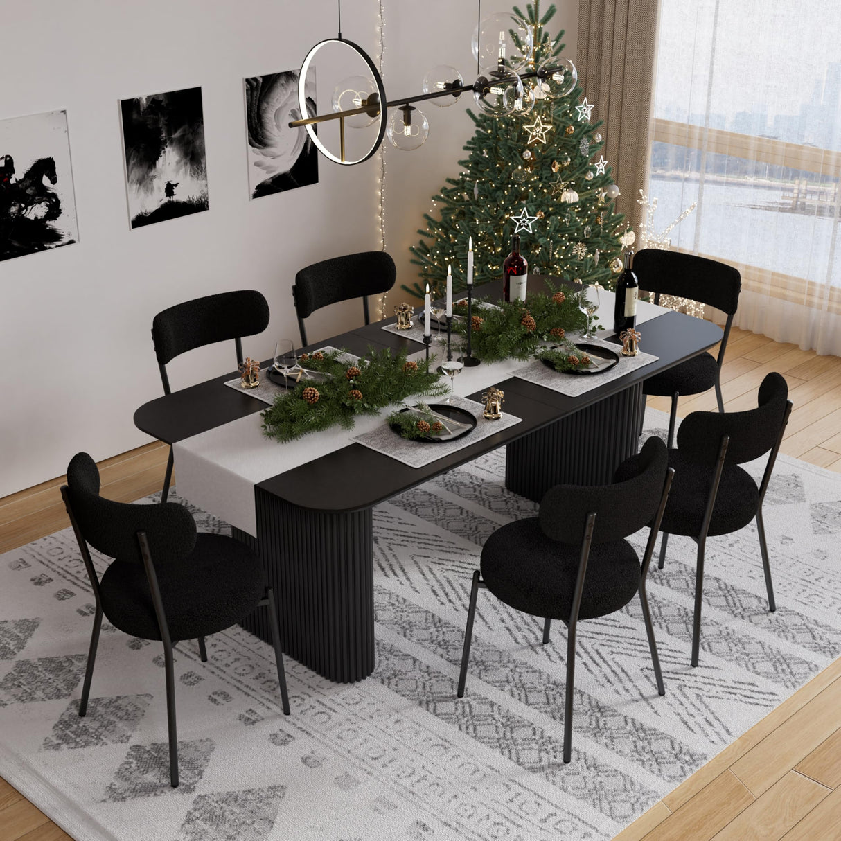 RGZ Modern Oval Dining Table Set for 6, 7 Piece Dining Table and Chairs Set with Black Kitchen Table & 6 Black Upholstered Boucle Chairs, Dining Table for Dining Room, Kitchen, Living Room RGZ