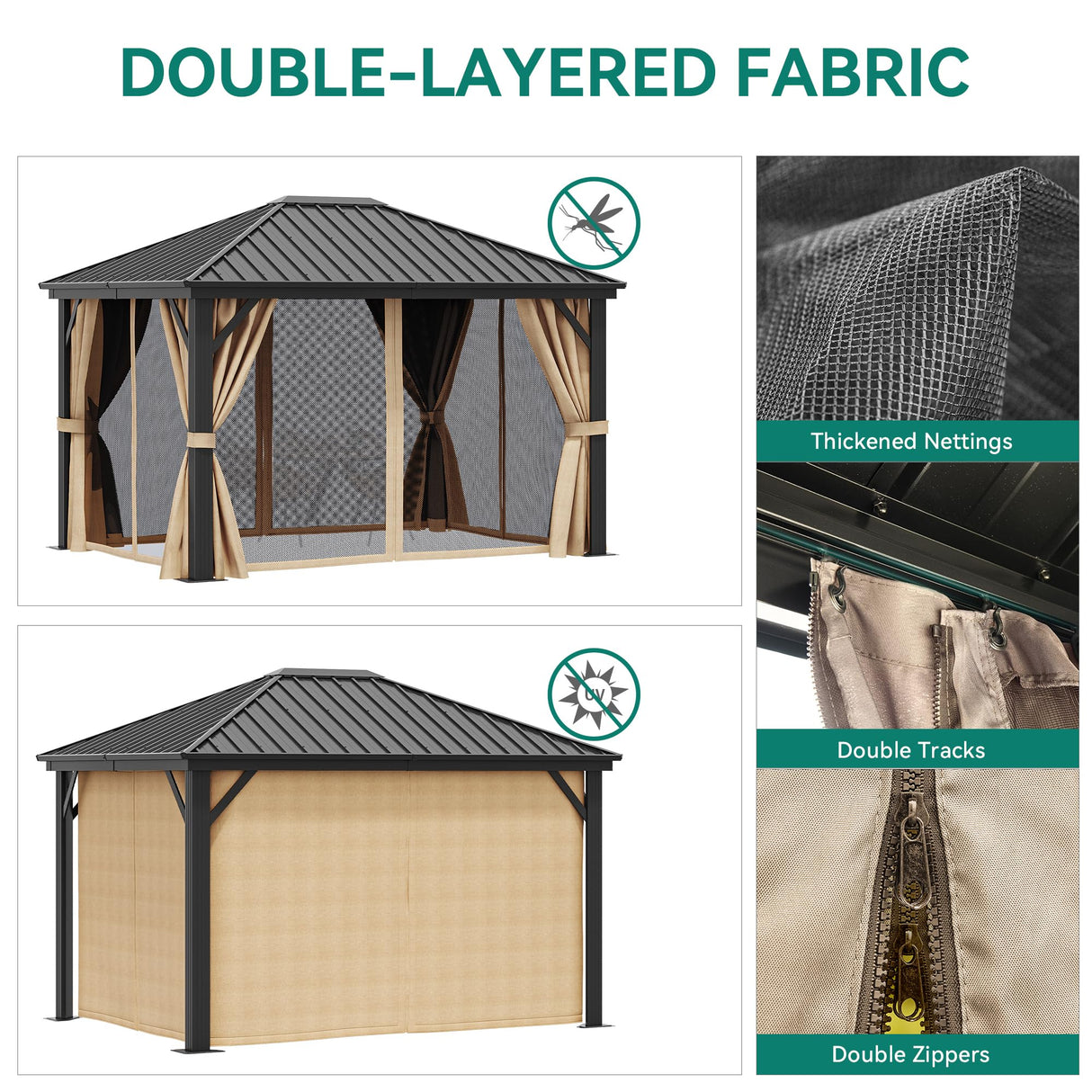 YITAHOME 10x12ft Hardtop Gazebo with Nettings and Curtains, Heavy Duty Galvanized Steel Outdoor Vertical Stripes Roof for Patio, Backyard, Deck, Lawns, Brown YITAHOME