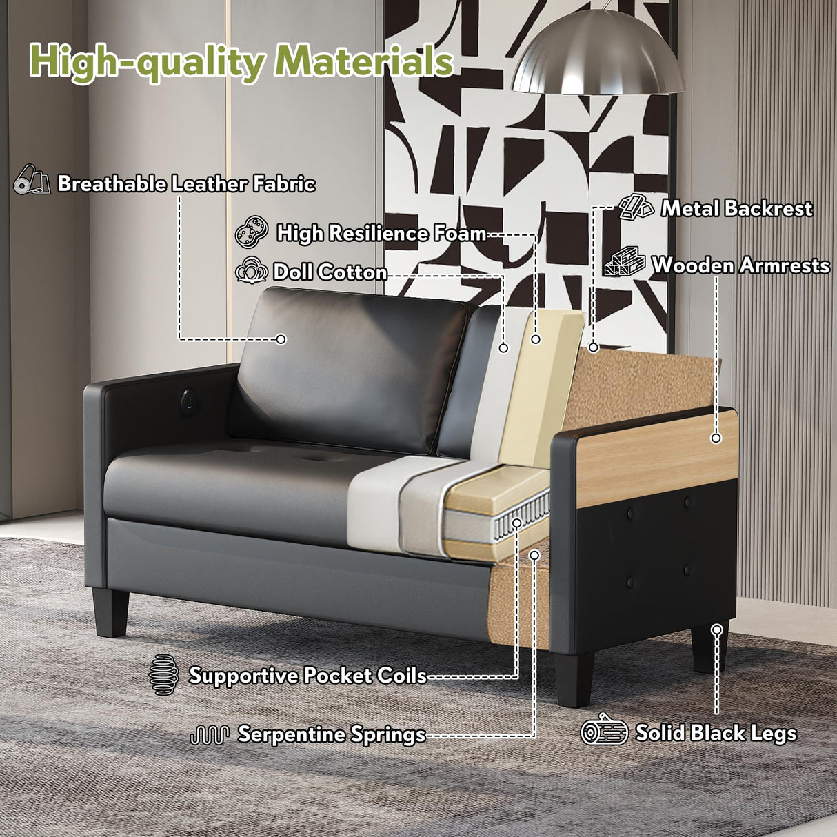 STHOUYN 59” Black Faux Leather Sofa Couch, Modern Comfy Office 2 Seater Couch Loveseat with USB and Tufted Armrest, Small Love Seat Couches for Living Room, Bedroom, Apartment STHOUYN