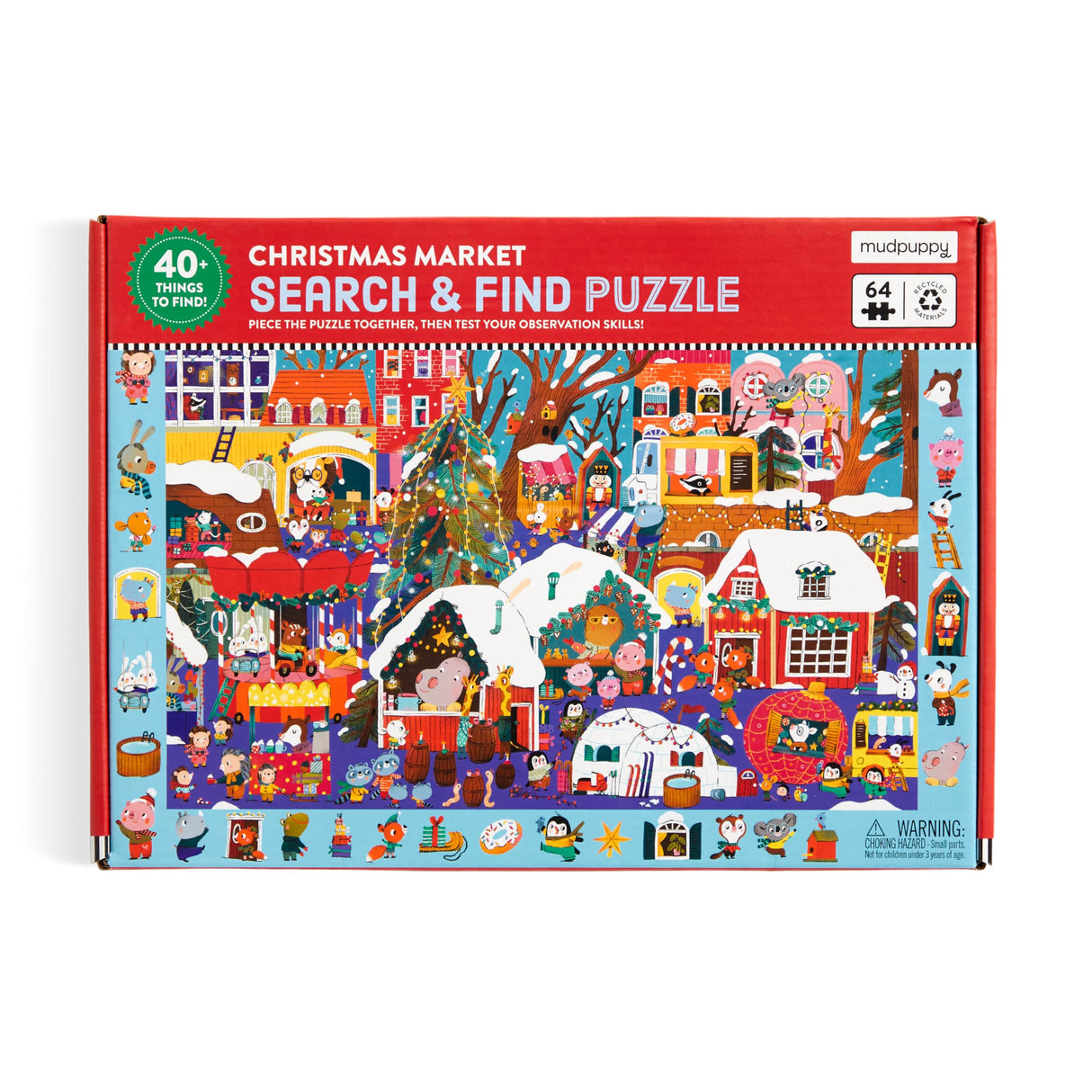 Mudpuppy Christmas Market – 64 Piece Search & Find Jigsaw Puzzle Featuring Festive Critters Shopping Around The Christmas Market and Over 40 Hidden Images to Find Mudpuppy