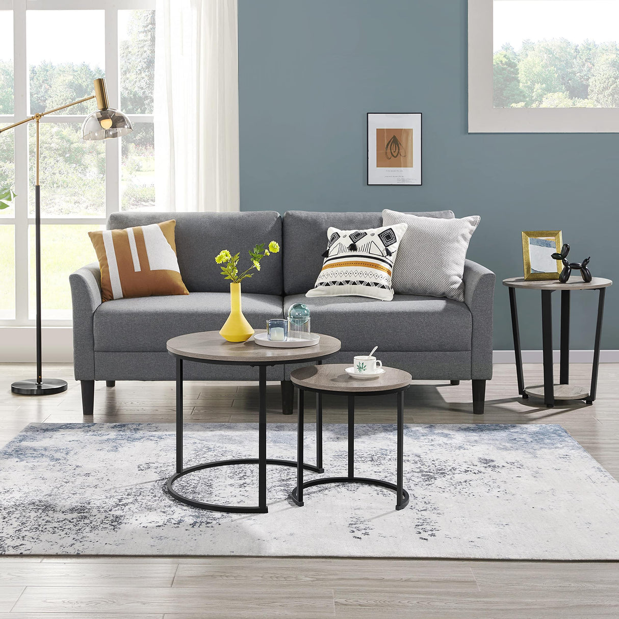 Yaheetech Nesting Coffee Table Set of 2, Nesting Table, Rustic Stacking Side Tables, Nesting End Table Set w/Round Wooden Tabletop and Sturdy Metal Base for Living Room,Small Space, Gray Yaheetech