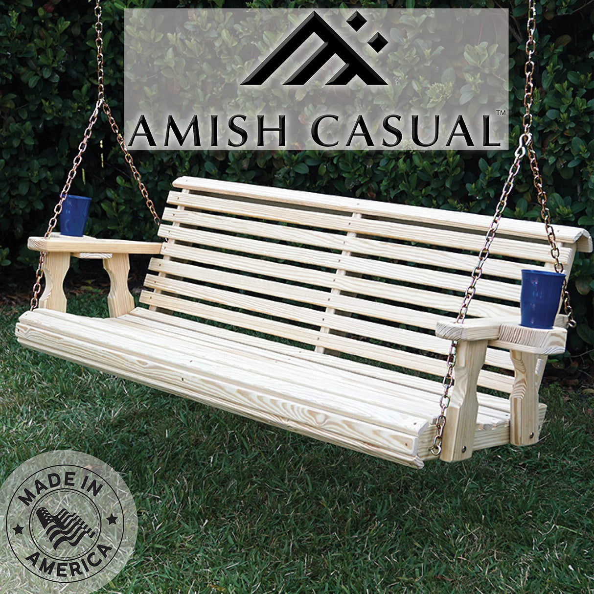 Amish Casual Heavy Duty 700 Lb Roll Back Treated Porch Swing with Hanging Chains and Cupholders (5 Foot, Unfinished) Amish Casual