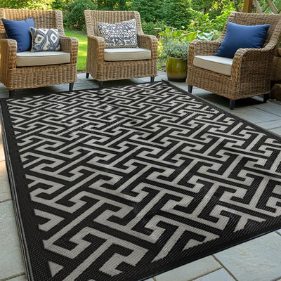 Waterproof Outdoor Rug 5x8 ft, Reversible Plastic Straw Rug, Easy to Clean Patio Rug, Portable Carpet for Patio, RV, Deck, Balcony, Backyard, Picnic, Beach, I-Shaped, Black