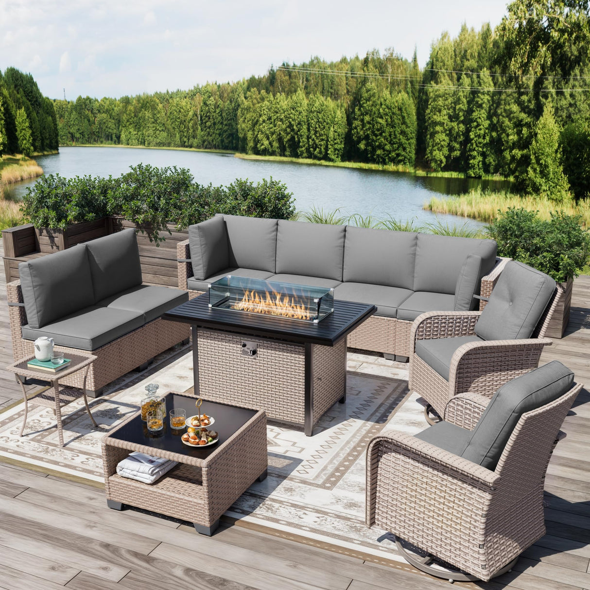 Aukreolis 11 Pieces Patio Furniture Set with Fire Pit Table, Outdoor Sectional Wicker Sofa with Thick Cushions, High Back Swivel Rocker Patio Chairs, Rattan Conversation Set with Coffee Table, Grey Aukreolis