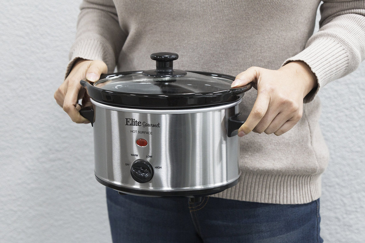 Elite Gourmet MST-275XS Electric Oval Slow Cooker, Adjustable Temp, Entrees, Sauces, Stews & Dips, Dishwasher Safe Glass Lid & Crock (2 Quart, Stainless Steel) Elite Gourmet
