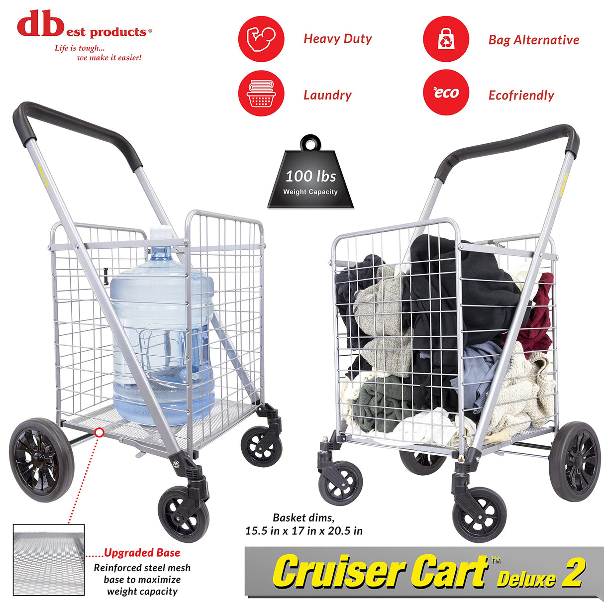 dbest products Cruiser Cart Deluxe 2 Shopping Grocery Rolling Folding Laundry Basket on Wheels Foldable Utility Trolley Compact Lightweight Collapsible, Silver dbest products