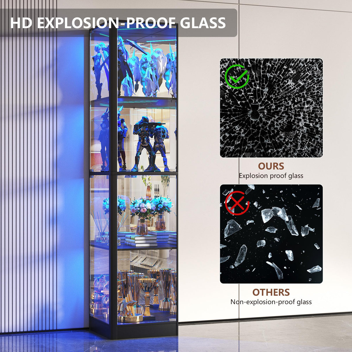 Display Cabinet with Glass Doors, 68" Corner Curio Cabinets with LED Lights, 4-Tier Glass Display Case for Collectibles/Toys/Books, Mirrored Storage Cabinet, Black Dystler