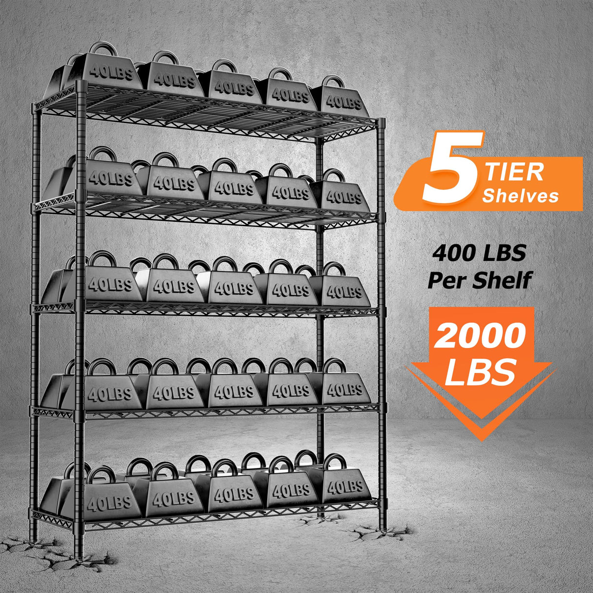 Storage Shelves Heavy Duty, 48" L x 20" W x 72" H Garage Wire Shelving Unit Loads 2000LBS, 5-tier Adjustable Metal Industrial Utility Shelf Rack for Kitchen, Laundry Room, Pantry, Warehouse, Basement ROOMTEC