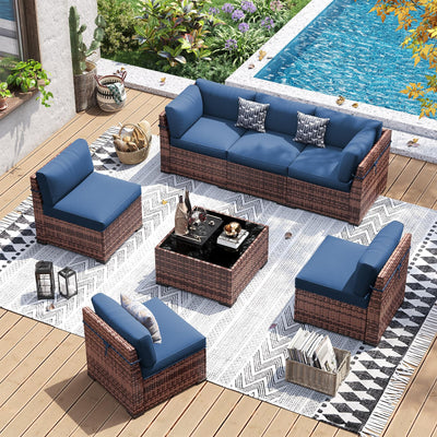 UDPATIO Patio Furniture Set, Modular Outdoor Sectional with 105°Slanted Back, 7 Pieces Rattan Conversation Set for Poolside, Backyard, Deck, with Coffee Table, Waterproof Cover, Blue