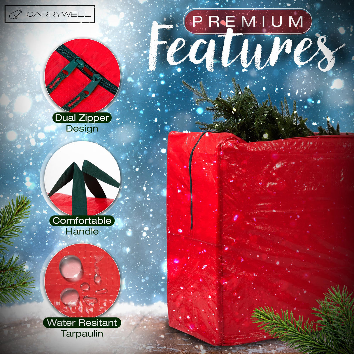 (Not Made In China) Christmas Tree Storage Bag For 9 Foot Artificial Xmas Holiday Tree, Durable Waterproof Material, Zippered Bag, Carry Handles. Protects Against Dust, Insects and Moisture Carrywell