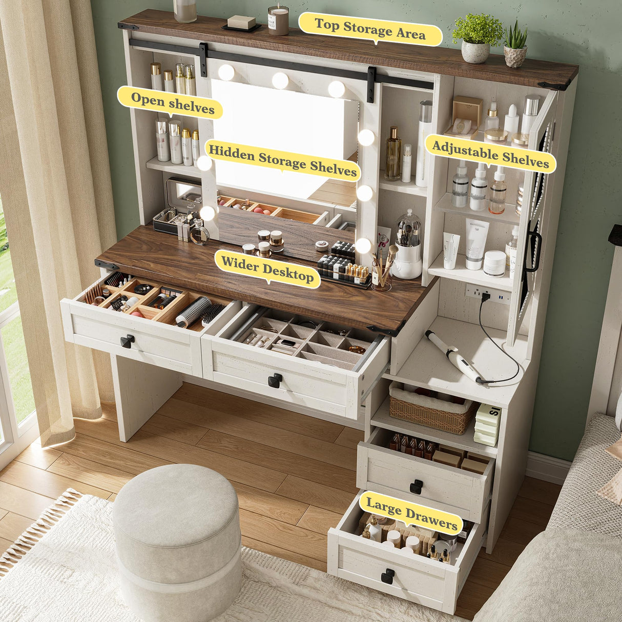 EnHomee 47.2" W Farmhouse Vanity Desk with Mirror and Lights, Makeup Vanity with Charging Station & 4 Drawers,Makeup Vanity Table for Bedroom,White,Stool not Included EnHomee