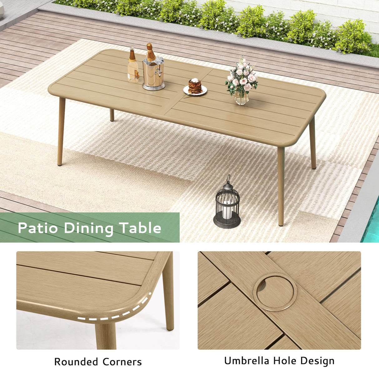 LUXIJOY Patio Dining Set 9-Piece Outdoor, Wood-Grain Aluminum Table with Umbrella Hole, Outdoor Table and Chairs Set with Removable Cuhsion, Woven Rope Back Chairs for Lawn, Garden, Backyard LUXIJOY