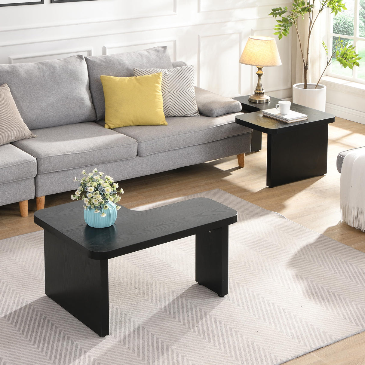 FIVEGIVEN Black Modern Coffee Table - Modular L Shaped Convertible to Square/Rectangle, 47.2 Inch Wooden Coffee Table with Rounded Corners & Adjustable Feet FIVEGIVEN