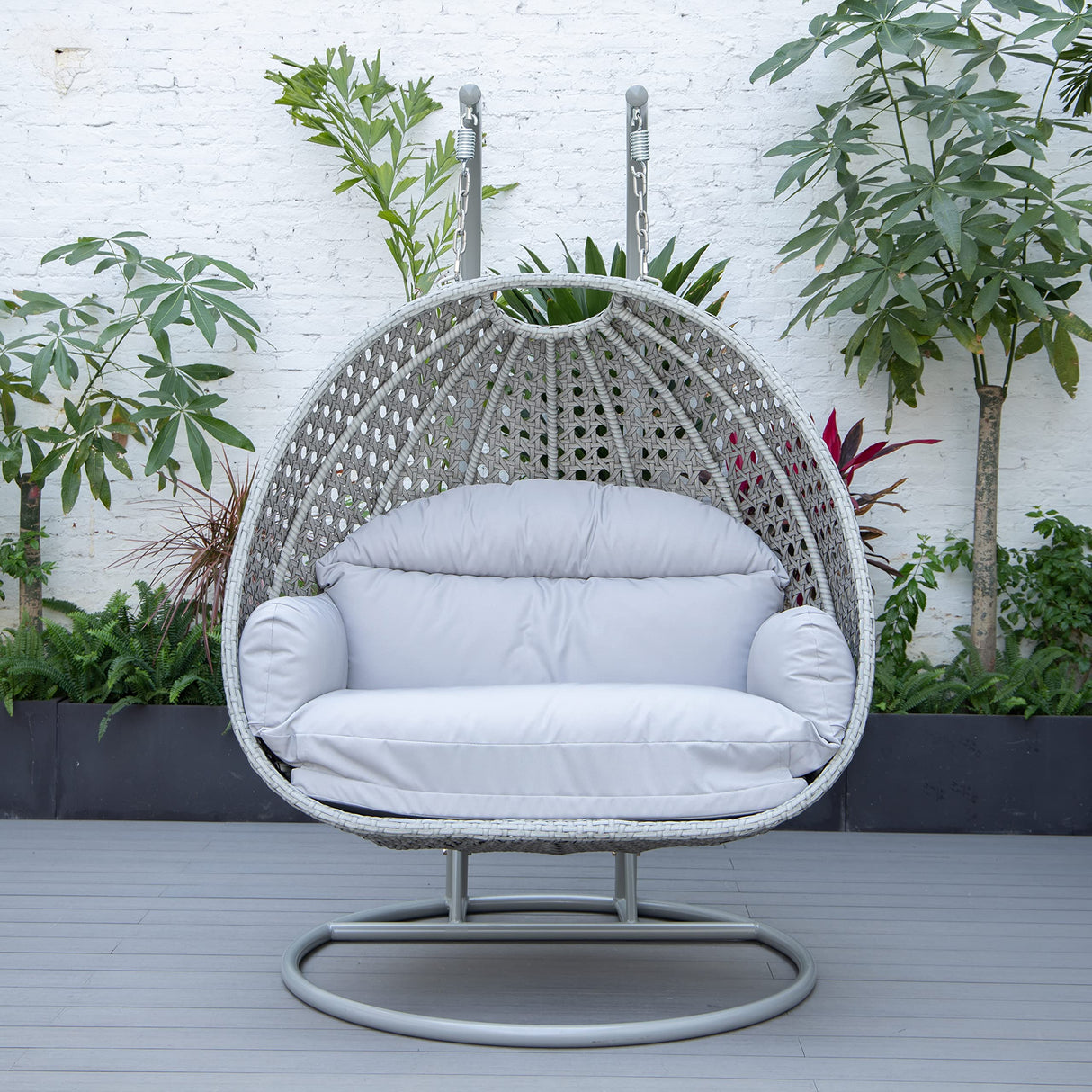 LeisureMod Light Gray Wicker 2-Person Patio Hanging Double Egg Swing Chair with Stand & Cushions for Indoor Outdoor Patio Garden Light Grey LeisureMod