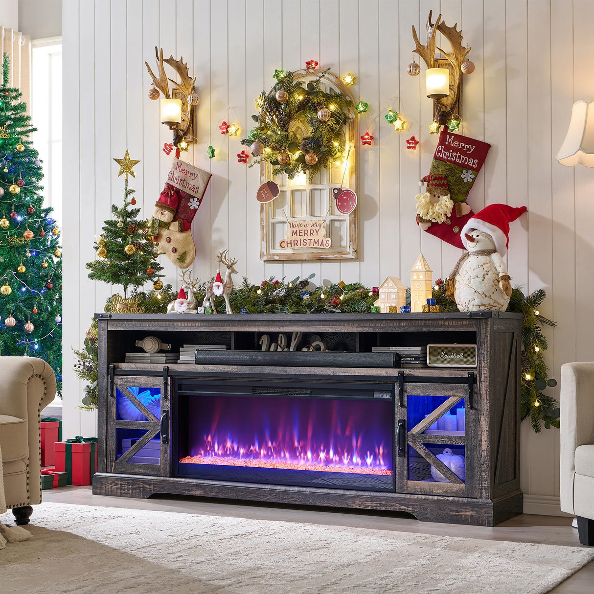 OKD Fireplace TV Stand for 85" TV, 33" Tall Highboy Farmhouse Entertainment Center w/ 42'' Electric Fireplace & LED Light, Rustic Media Console w/Sliding Barn Door for Living Room, Drak Rustic Oak OKD