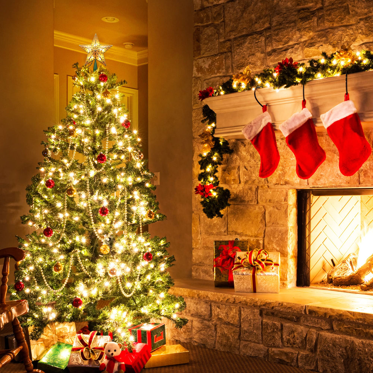 Brizled 9.5” Christmas Star Tree Topper, Gold Dual-side 3D Star Treetop, Glittered Tree Top with 10 Warm White Lights, UL Certified Lighted Xmas Treetop for Holiday Christmas Tree Decor Brizled