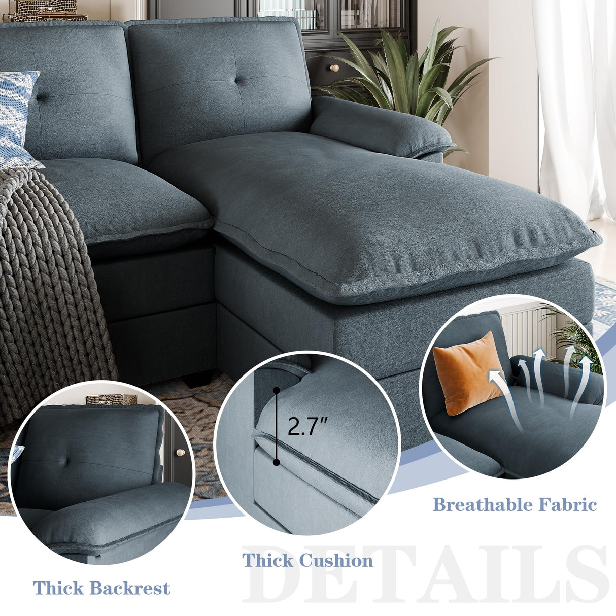 110" Sectional Couches for Living Room,4-Seat U Shaped Couch with Double Chaise,Modular Sofa Couches Sleeper with Thick Cushion & Soft Backrest,Dark Grey Shintenchi