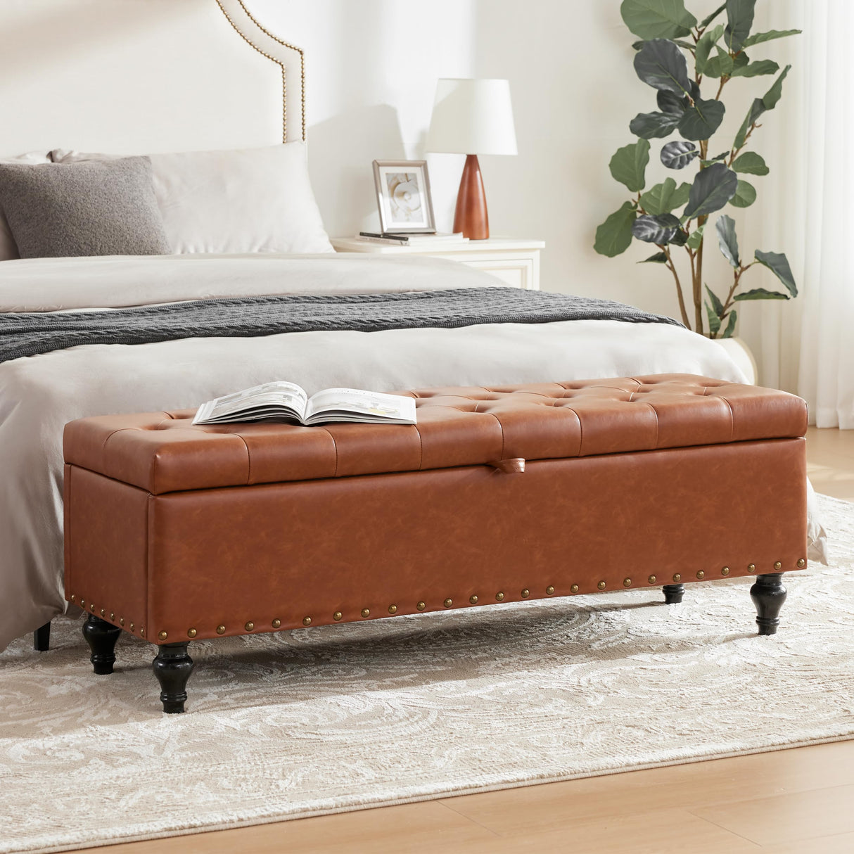 Dowiean 51.8’’ Storage Ottoman Bench, Faux Leather Ottoman with Storages, Window Benches Holds up to 330lbs, Upholstered Storage Bench for Bedroom, Living Room, Entryway and Family Room, Brown Dowiean