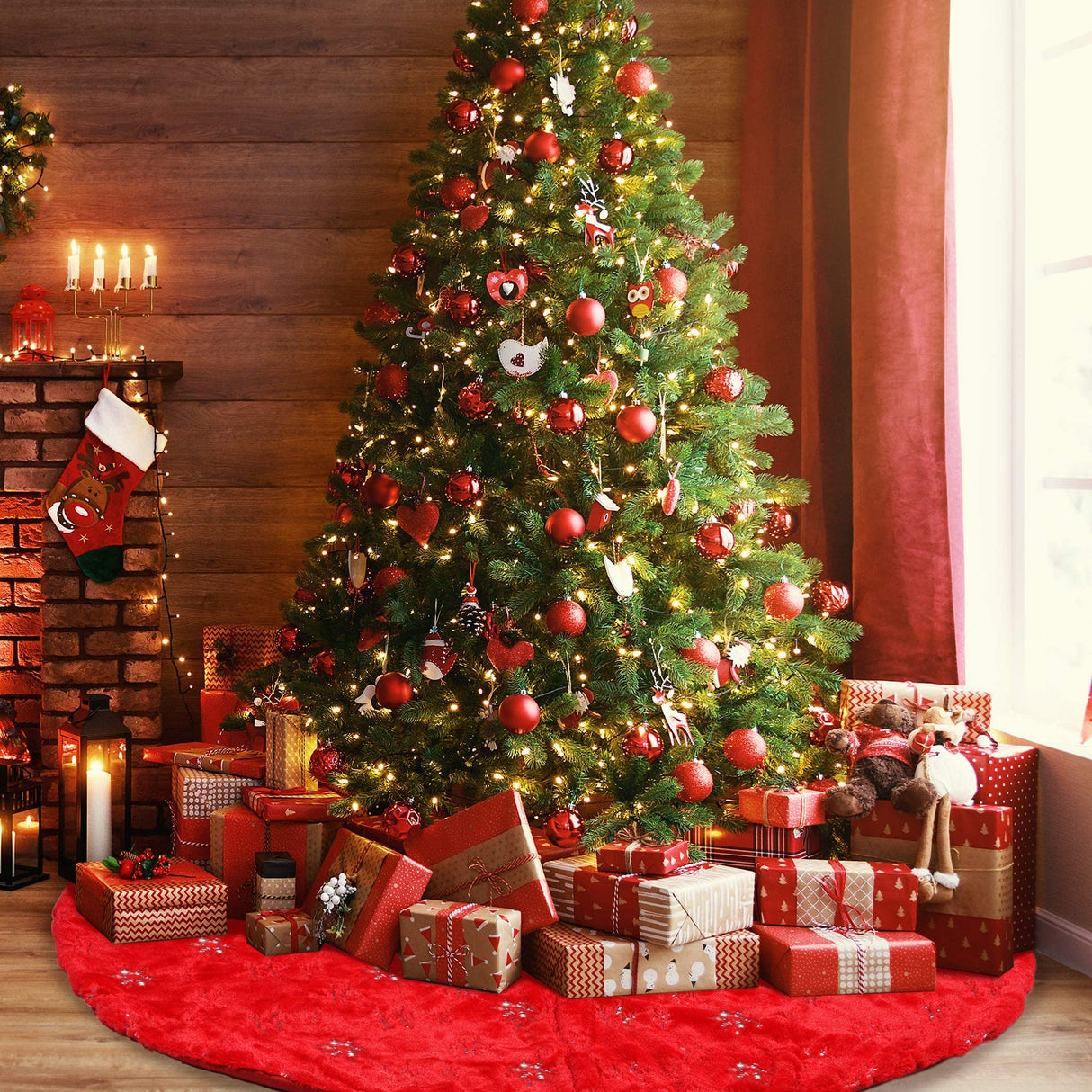 TOBEHIGHER Christmas Tree Skirt - 48 Inches Large Red Tree Skirt with High - End Soft Faux Fur Tree Skirt for Christmas Decorations Indoor Outdoor - Red TOBEHIGHER