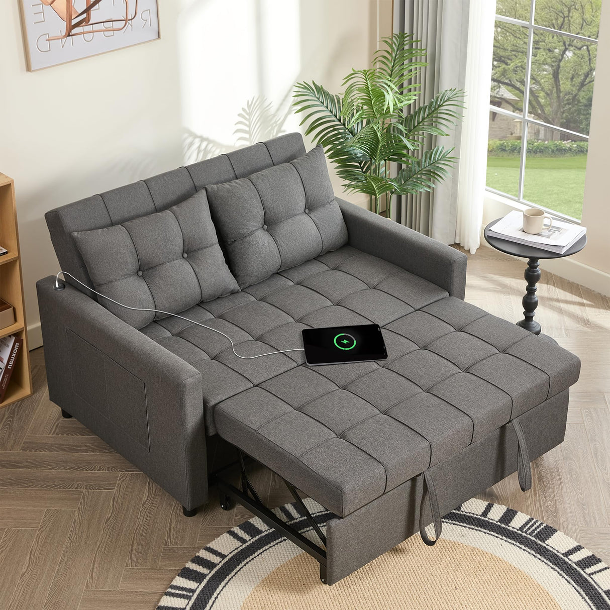52" Sleeper Sofa with Pull-Out Bed, 3-in-1 Convertible Sofa Bed, Loveseat with Stepless Adjustable Backrest and Side Pocket, for Living Room Dorm Apartment, Linen, Dark Gray GOSUHI
