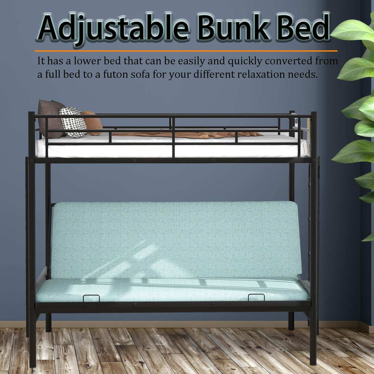 Twin-Over-Futon Convertible Couch and Bed, Metal Futon Bunk Bed with Guardrails and Ladder, Sturdy Steel Foldable Sofa-Bed for Kids Adults Teens (Twin Over Full Metal Bunk Bed, Twin) Anwick