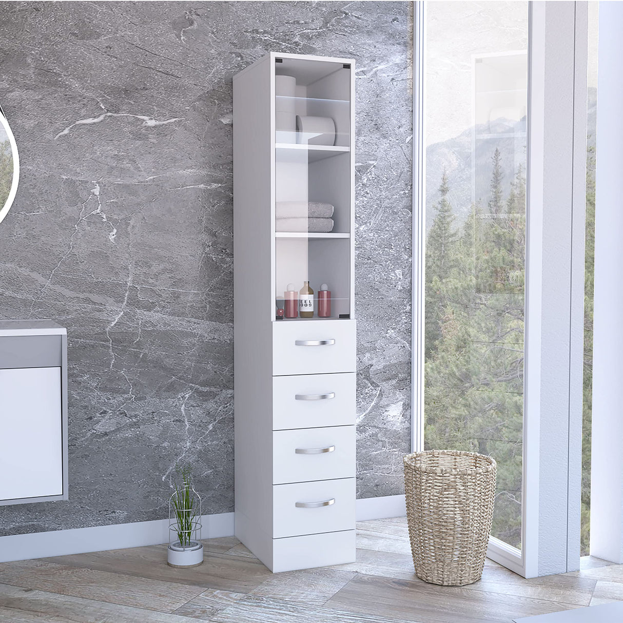 DEPOT E-SHOP Magna Linen Cabinet with Three Shelves, Four Drawers, and Metal Handles, 68" H, White, Bathroom DEPOT E-SHOP