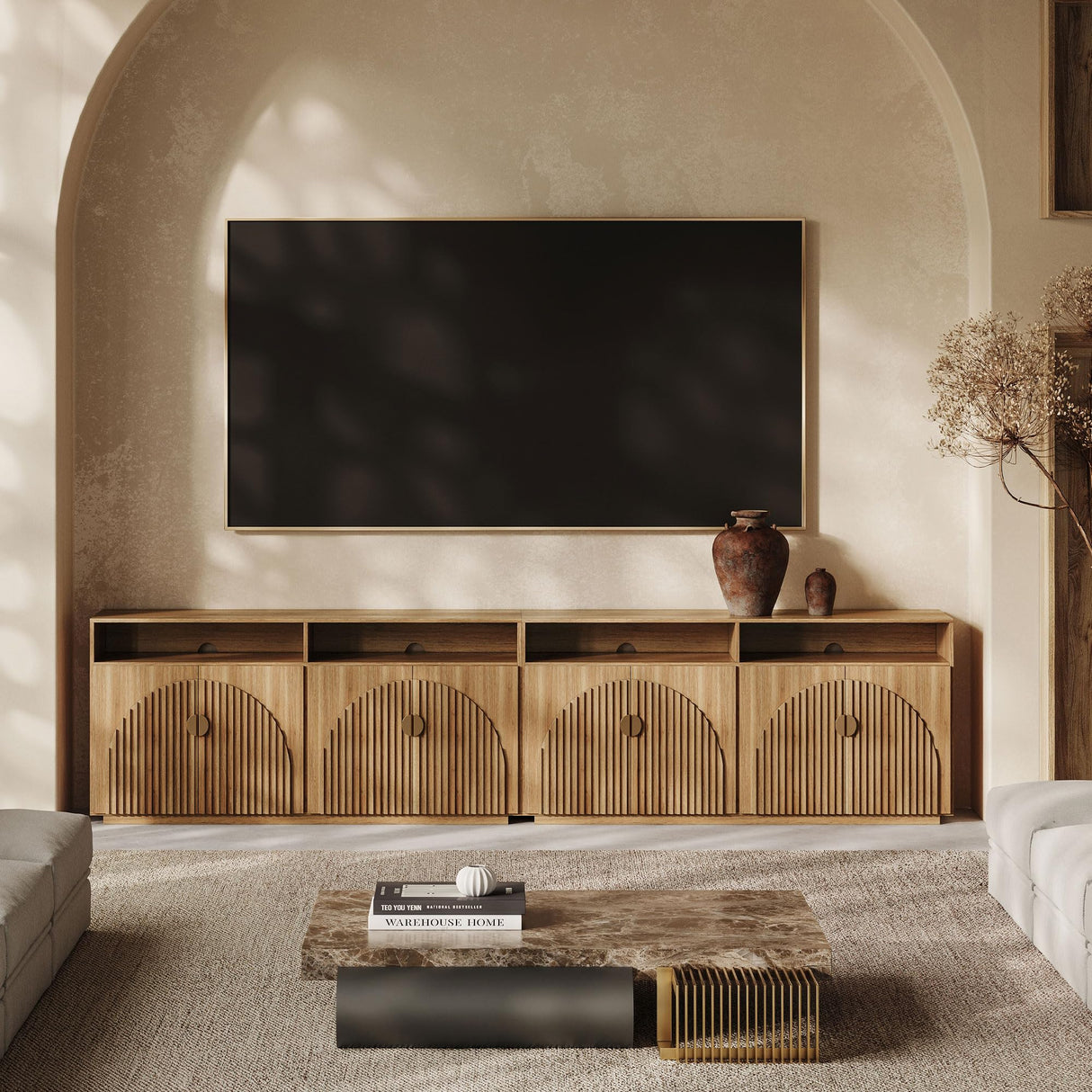 BELLEZE 65 Inch Fluted TV Stand, Mid Century Modern Entertainment Center with Storage Cabinets & Open Shelves, Media Console TV Cabinet with Adjustable Shelves for Living Room, Caramel Brown BELLEZE